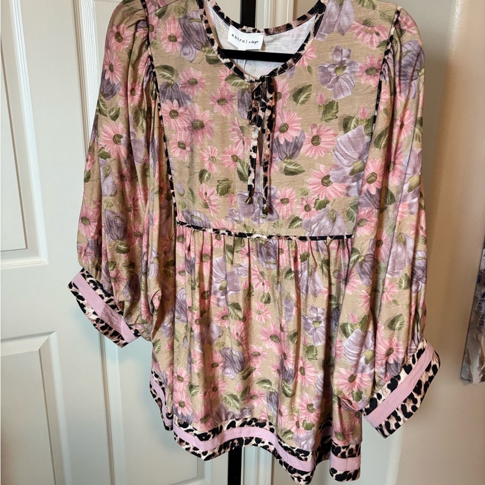 Entro Pink and Purple Floral Blouse with Leopard Accents